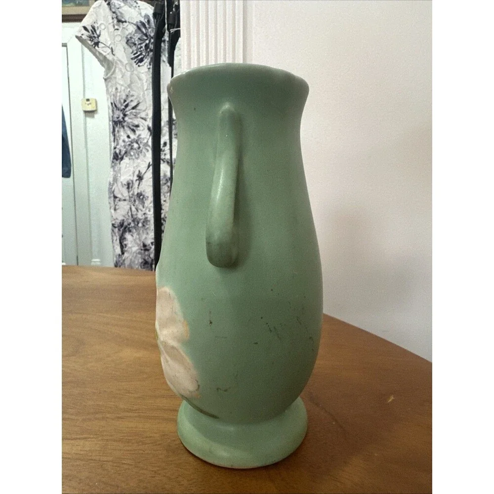 Vtg. Weller WIld Rose / Dogwood Aqua Green Double handle Vase 6.5